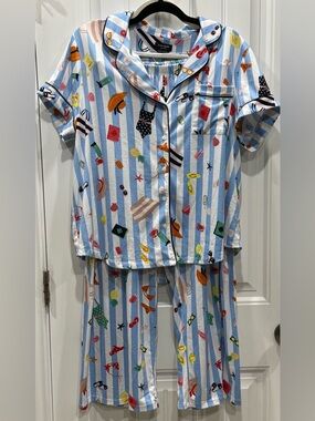 Kate Spade New York Women’s XL Pajama Set Blue Stripe + Beach Print Button EUC